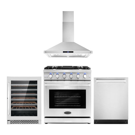 Cosmo 4-Piece Appliance Package - 30-Inch Gas Range, Wall Mount Range Hood, Dishwasher and Wine Cooler in Stainless Steel (COS-4PKG-096) Cosmo