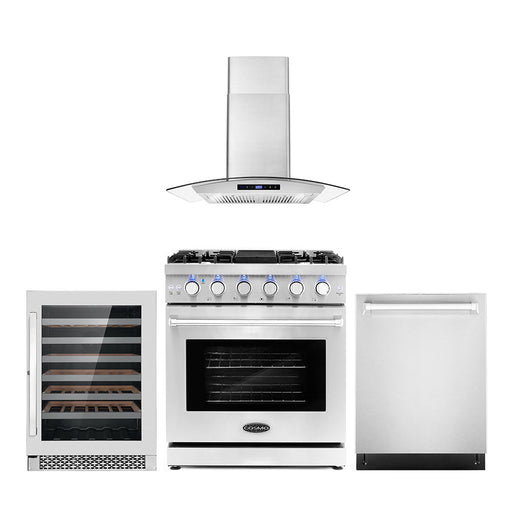 Cosmo 4-Piece Appliance Package - 30-Inch Gas Range, Wall Mount Range Hood, Dishwasher and Wine Cooler in Stainless Steel (COS-4PKG-098) Cosmo
