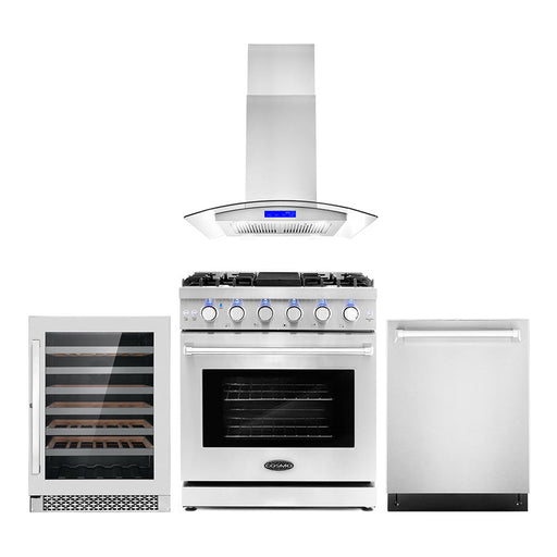 Cosmo 4-Piece Appliance Package - 30-Inch Gas Range, Island Range Hood, Dishwasher and Wine Cooler in Stainless Steel (COS-4PKG-100) Cosmo
