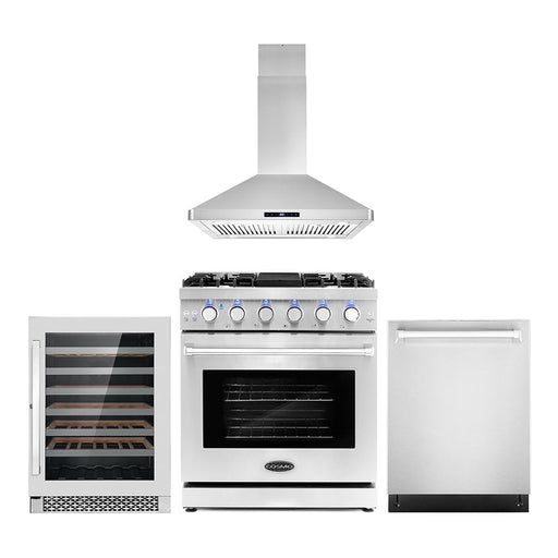 Cosmo 4-Piece Appliance Package - 30-Inch Gas Range, Island Range Hood, Dishwasher, and Wine Cooler in Stainless Steel (COS-4PKG-102) Cosmo