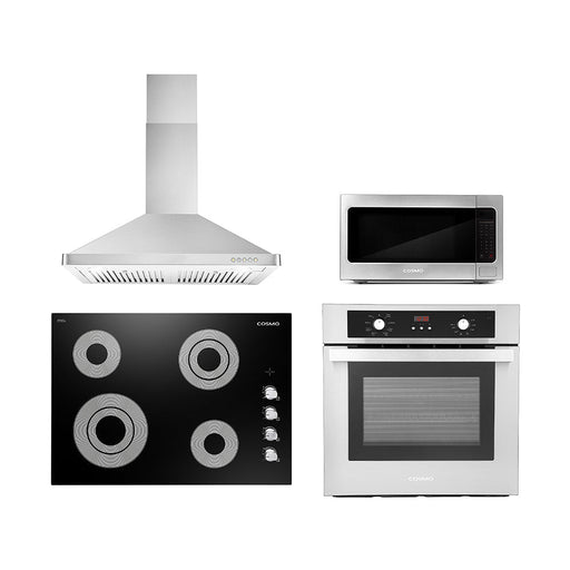 Cosmo 4 Piece Appliance Package - 30-Inch Electric Cooktop, Wall Mount Range Hood, Wall Oven, and Microwave in Stainless Steel (COS-4PKG-132) Cosmo