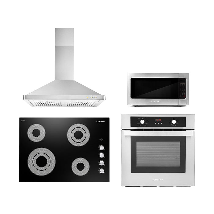 Cosmo 4 Piece Appliance Package - 30-Inch Electric Cooktop, Wall Mount Range Hood, Wall Oven, and Microwave in Stainless Steel (COS-4PKG-132) Cosmo