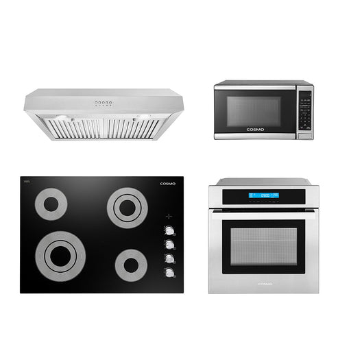 Cosmo 4-Piece Appliance Package - 30-Inch Electric Cooktop, Under Cabinet Range Hood, Wall Oven and Microwave in Stainless Steel (COS-4PKG-136) Cosmo