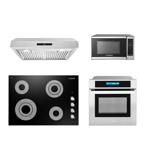 Cosmo 4-Piece Appliance Package - 30-Inch Electric Cooktop, Under Cabinet Range Hood, Wall Oven and Microwave in Stainless Steel (COS-4PKG-138) Cosmo