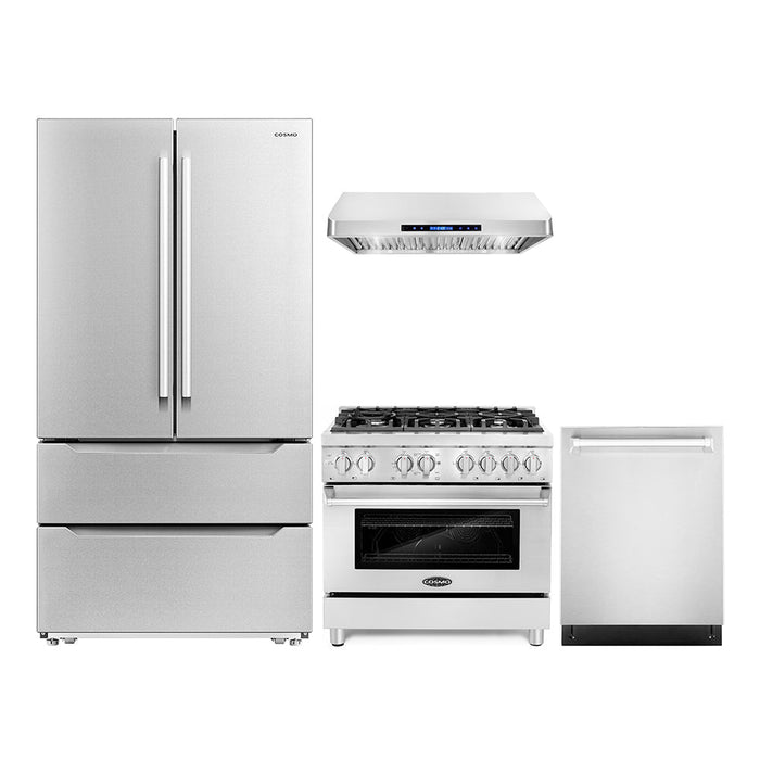 Cosmo 4 - Piece Appliance Package - 36-Inch 240V Dual Fuel Range 36-Inch Range Hood Dishwasher and Refrigerator (COS-4PKG-149) Cosmo