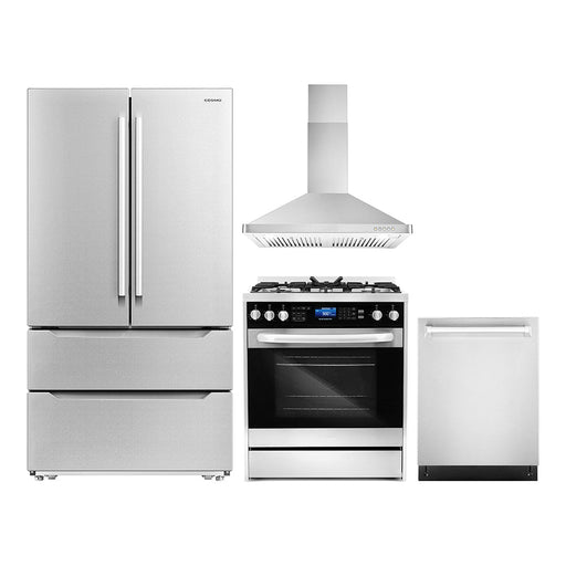Cosmo 4-Piece Appliance Package - 30-Inch Dual Fuel Range, Wall Mount Range Hood, Dishwasher and Refrigerator in Stainless Steel (COS-4PKG-160) Cosmo