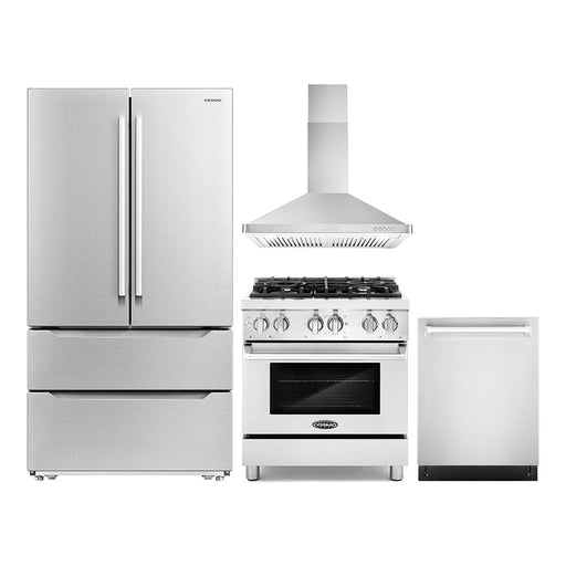 Cosmo 4-Piece Appliance Package - 30-Inch Dual Fuel Range, Wall Mount Range Hood ,Dishwasher and Refrigerator  in Stainless Steel (COS-4PKG-162) Cosmo