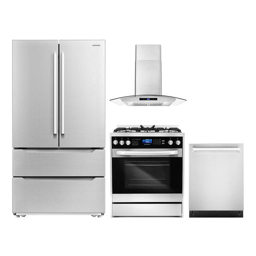 Cosmo 4-Piece Appliance Package - 30-Inch Dual Fuel Range, Wall Mount Range Hood, Dishwasher and Refrigerator in Stainless Steel (COS-4PKG-182) Cosmo