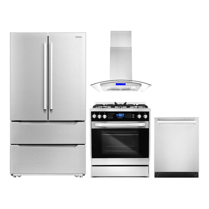 Cosmo 4-Piece Appliance Package - 30-Inch Dual Fuel Range, Island Range Hood, Dishwasher and Refrigerator in Stainless Steel (COS-4PKG-183) Cosmo