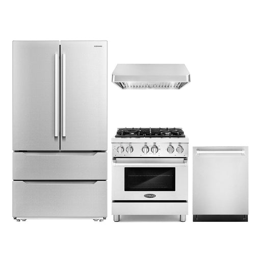 Cosmo 4-Piece Appliance Package - 30-Inch Dual Fuel Range, Under Cabinet Range Hood, Dishwasher and Refrigerator in Stainless Steel (COS-4PKG-185) Cosmo