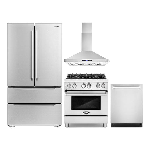 Cosmo 4-Piece Appliance Package - 30-Inch Dual Fuel Range, Wall Mount Range Hood, Dishwasher and Refrigerator in Stainless Steel (COS-4PKG-187) Cosmo