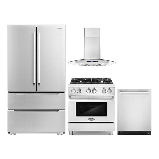 Cosmo 4-Piece Appliance Package - 30-Inch Dual Fuel Range, Wall Mount Range Hood, Dishwasher and Refrigerator in Stainless Steel (COS-4PKG-188) Cosmo
