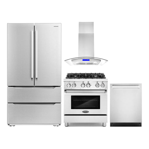 Cosmo 4-Piece Appliance Package - 30-Inch Dual Fuel Range, Island Range Hood, Dishwasher and Refrigerator in Stainless Steel (COS-4PKG-189) Cosmo