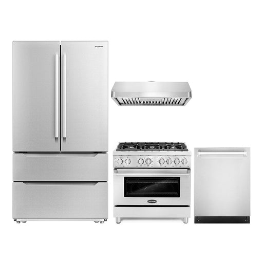 Cosmo 4-Piece Appliance Package - 36-Inch Dual Fuel Range, Under Cabinet Range Hood, Dishwasher and Refrigerator in Stainless Steel (COS-4PKG-203) Cosmo