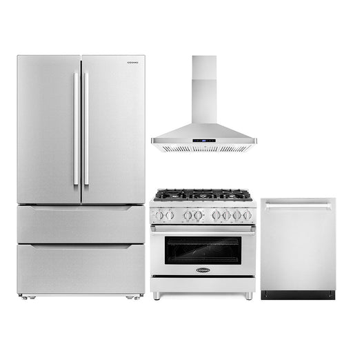 Cosmo 4-Piece Appliance Package - 36-Inch Dual Fuel Range, Wall Mount Range Hood, Dishwasher and Refrigerator in Stainless Steel (COS-4PKG-205) Cosmo