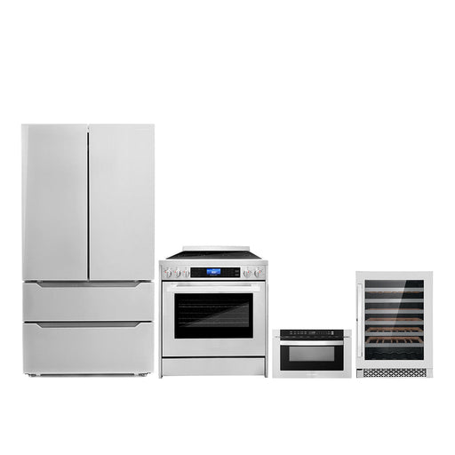 Cosmo 4-Piece Appliance Package - 30-Inch Single Oven Electric Range, Refrigerator, Wine Cooler and Microwave in Stainless Steel (COS-4PKG-265) Cosmo