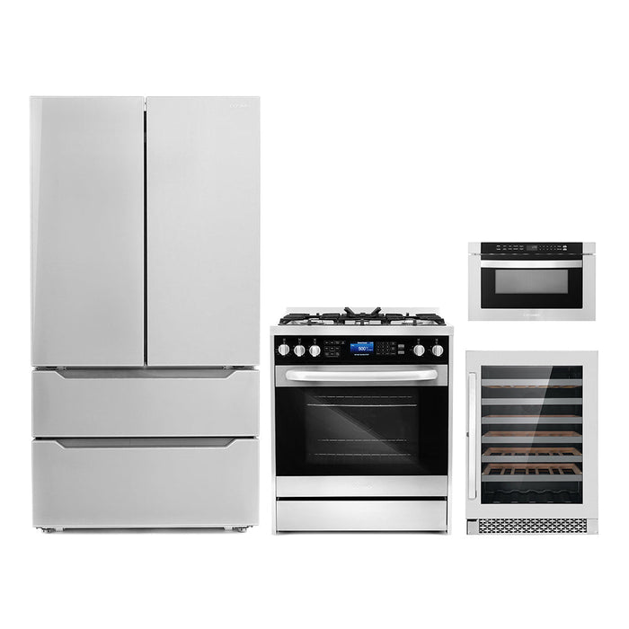 Cosmo 4-Piece Appliance Package - 30-Inch Dual Fuel Range, Refrigerator, Wine Cooler and Microwave in Stainless Steel (COS-4PKG-266) Cosmo