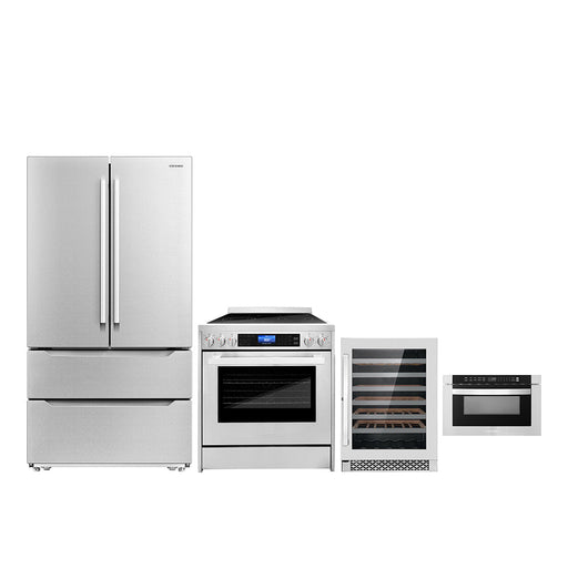Cosmo 4-Piece Appliance Package - 30-Inch Single Oven Electric Range, Refrigerator, Wine Cooler and Microwave Drawer in Stainless Steel (COS-4PKG-279) Cosmo