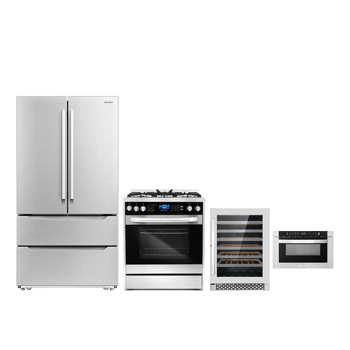 Cosmo 4-Piece Appliance Package - 30-Inch Dual Fuel Range, Refrigerator, Wine Cooler and Microwave Drawer in Stainless Steel (COS-4PKG-280) Cosmo