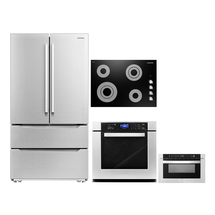 Cosmo 4-Piece Appliance Package - 30-Inch Electric Cooktop, Refrigerator, Wall Oven and Microwave Drawer in Stainless Steel (COS-4PKG-283) Cosmo