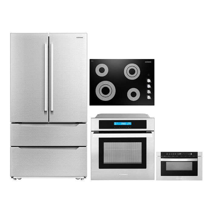 Cosmo 4-Piece Appliance Package - 30-Inch Electric Cooktop, Refrigerator, Wall Oven and Microwave Drawer in Stainless Steel (COS-4PKG-287) Cosmo