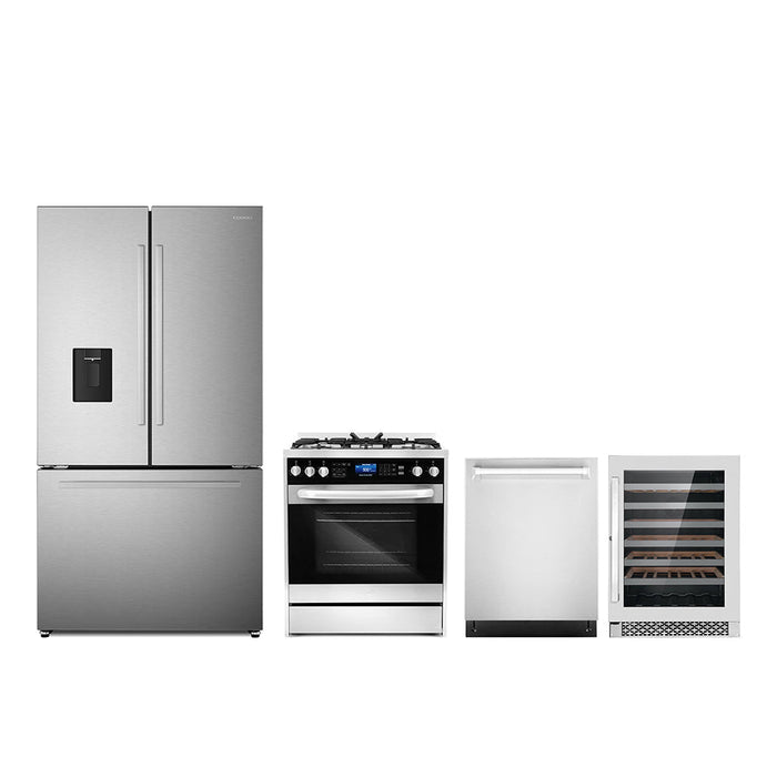 Cosmo 4-Piece Appliance Package - 30-Inch Dual Fuel Range, Wine Cooler, Dishwasher and Refrigerator with Water Dispenser in Stainless Steel (COS-4PKG-633) Cosmo