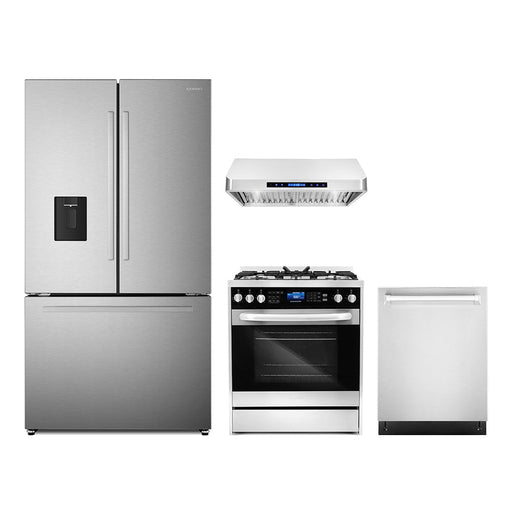 Cosmo 4-Piece Appliance Package - 30-Inch Dual Fuel Range, Under Cabinet Range Hood, Dishwasher and Refrigerator with Water Dispenser in Stainless Steel (COS-4PKG-634) Cosmo