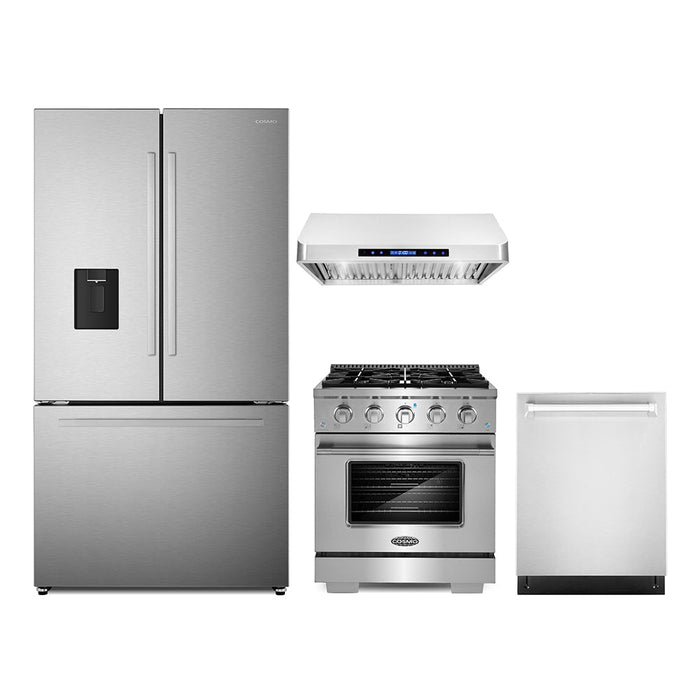 Cosmo 4-Piece Appliance Package - 30-Inch Gas Range, Under Cabinet Range Hood, Dishwasher and Refrigerator with Water Dispenser in Stainless Steel (COS-4PKG-636) Cosmo