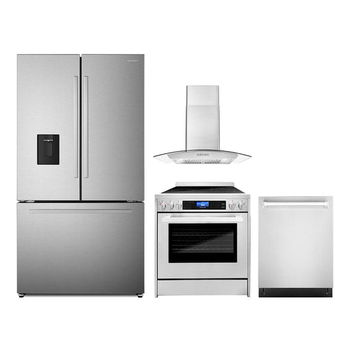 Cosmo 4-Piece Appliance Package - 30-Inch Single Oven Electric Range, Wall Mount Range Hood , Dishwasher and Refrigerator with Water Dispenser in Stainless Steel (COS-4PKG-644) Cosmo