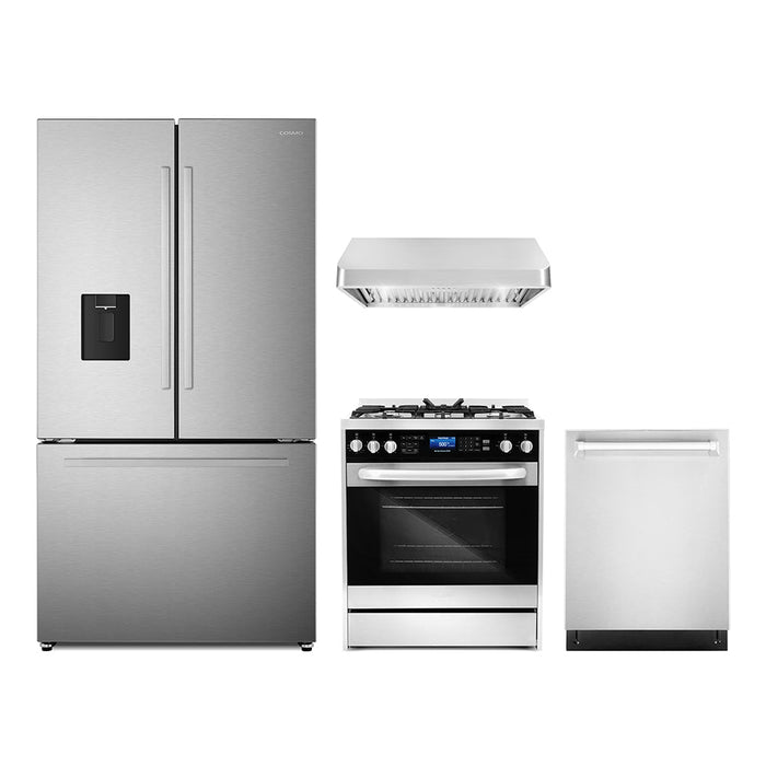 Cosmo 4-Piece Appliance Package - 30-Inch Dual Fuel Range, Under Cabinet Range Hood, Dishwasher and Refrigerator with Water Dispenser in Stainless Steel (COS-4PKG-647) Cosmo