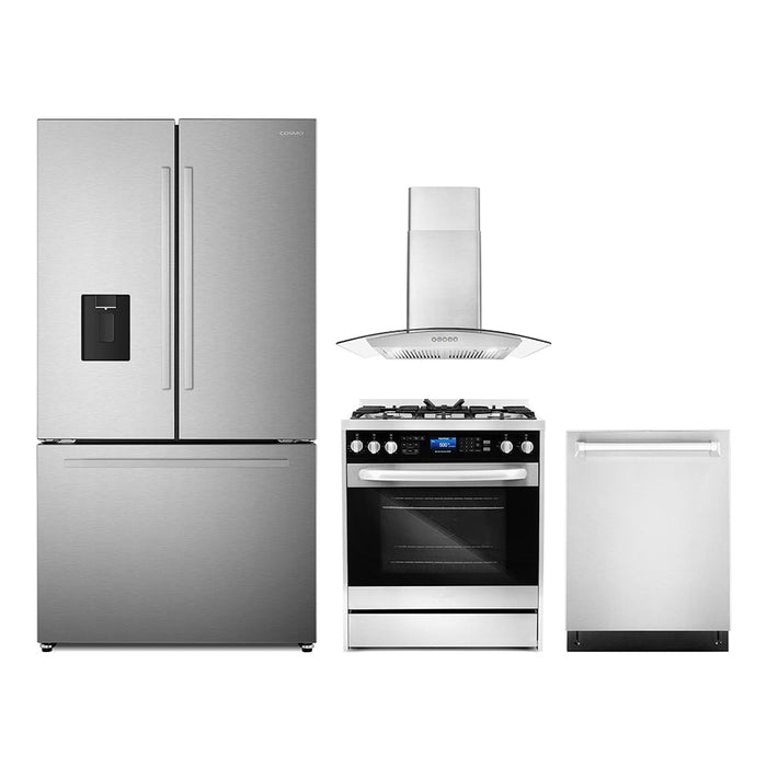 Cosmo 4-Piece Appliance Package - 30-Inch Dual Fuel Range, Wall Mount Range Hood, Dishwasher and Refrigerator with Water Dispenser in Stainless Steel (COS-4PKG-648) Cosmo