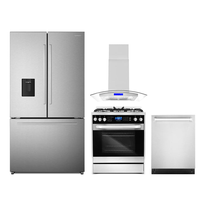 Cosmo 4-Piece Appliance Package - 30-Inch Dual Fuel Range, Island Range Hood, Dishwasher and Refrigerator with Water Dispenser in Stainless Steel (COS-4PKG-651) Cosmo