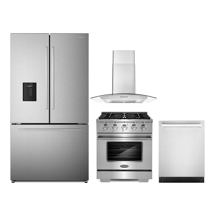 Cosmo 4-Piece Appliance Package - 30-Inch Gas Range, Wall Mount Range Hood, Dishwasher and Refrigerator with Water Dispenser in Stainless Steel (COS-4PKG-654) Cosmo