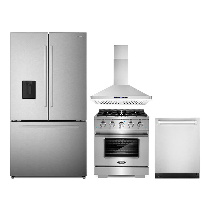 Cosmo 4-Piece Appliance Package - 30-Inch Gas Range, Wall Mount Range Hood, Dishwasher and Refrigerator with Water Dispenser in Stainless Steel (COS-4PKG-655) Cosmo