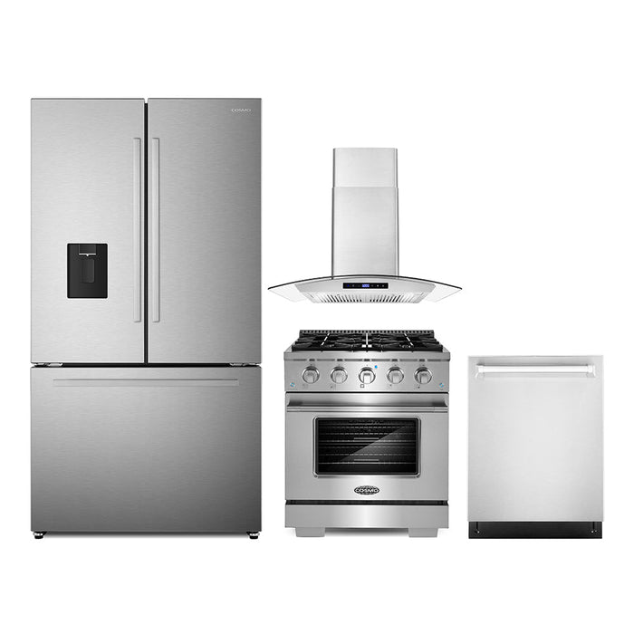 Cosmo 4-Piece Appliance Package - 30-Inch Gas Range, Wall Mount Range Hood, Dishwasher and Refrigerator with Water Dispenser in Stainless Steel (COS-4PKG-656) Cosmo