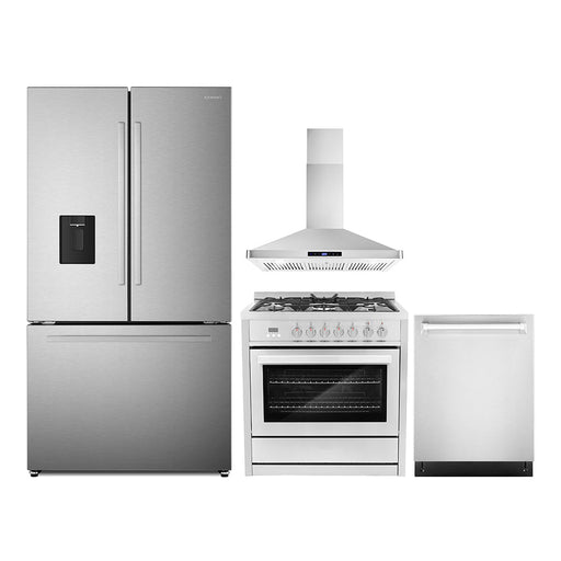 Cosmo 4-Piece Appliance Package - 36-Inch Dual Fuel Range, Wall Mount Range Hood, Dishwasher and Refrigerator with Water Dispenser in Stainless Steel (COS-4PKG-673) Cosmo