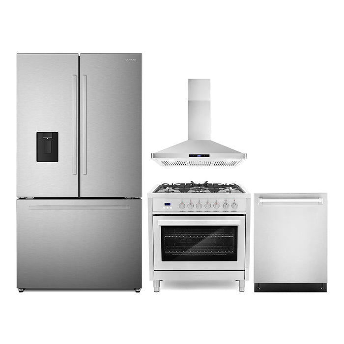 Cosmo 4-Piece Appliance Package - 36-Inch Dual Fuel Range, Wall Mount Range Hood, Dishwasher and Refrigerator in Stainless Steel (COS-4PKG-679) Cosmo