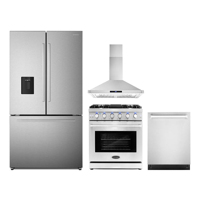 Cosmo 4-Piece Appliance Package - 30-Inch Gas Range, Wall Mount Range Hood, Dishwasher and Refrigerator with Water Dispenser in Stainless Steel (COS-4PKG-691) Cosmo