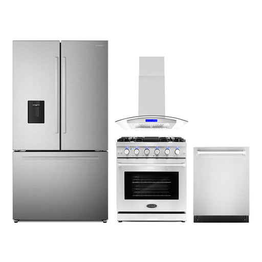 Cosmo 4-Piece Appliance Package - 30-Inch Gas Range, Island Mount Range Hood, Dishwasher and Refrigerator with Water Dispenser in Stainless Steel (COS-4PKG-693) Cosmo