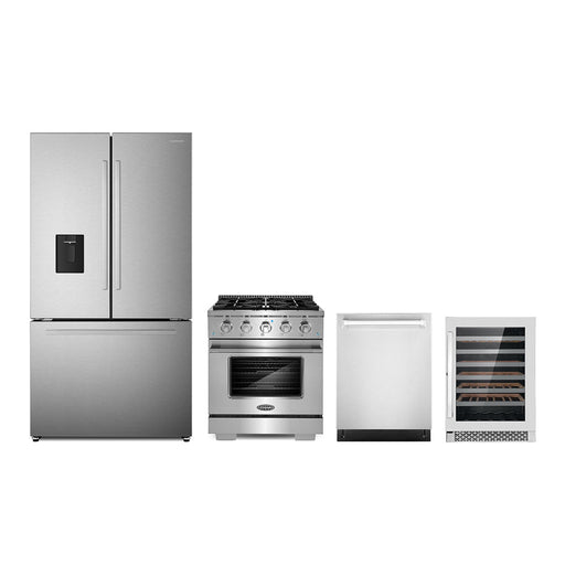Cosmo 4-Piece Appliance Package - 30-Inch Gas Range, Dishwasher, Refrigerator with Water Dispenser and Wine Cooler in Stainless Steel (COS-4PKG-706) Cosmo