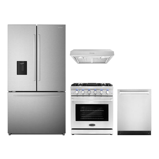 Cosmo 4-Piece Appliance Package - 30-Inch Gas Range, Under Cabinet Range Hood, Dishwasher and Refrigerator with Water Dispenser in Stainless Steel (COS-4PKG-709) Cosmo