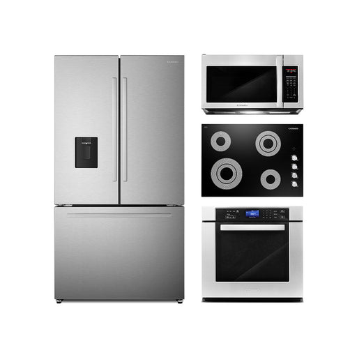 Cosmo 4-Piece Appliance Package - 30-Inch Electric Cooktop, Refrigerator with Water Dispenser, Single Electric Wall Oven and Over-the-Range Microwave in Stainless Steel (COS-4PKG-714) Cosmo