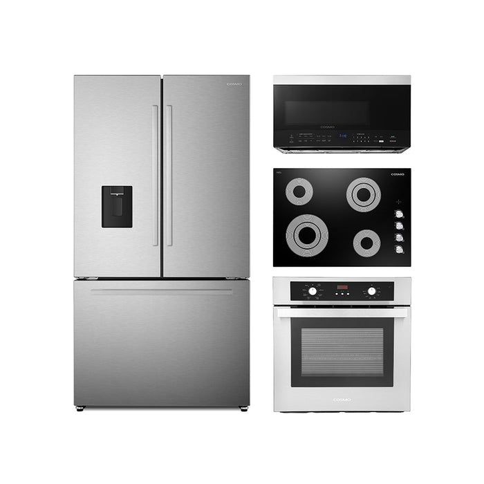 Cosmo 4-Piece Appliance Package - 30-Inch Electric Cooktop, Refrigerator with Water Dispenser, Electric Wall Oven and Over-the-Range Microwave in Stainless Steel (COS-4PKG-716) Cosmo