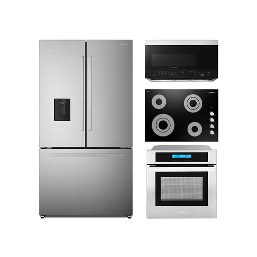 Cosmo 4-Piece Appliance Package - 30-Inch Electric Cooktop, Refrigerator with Water Dispenser, Electric Wall Oven and Over-the-Range Microwave in Stainless Steel (COS-4PKG-718) Cosmo