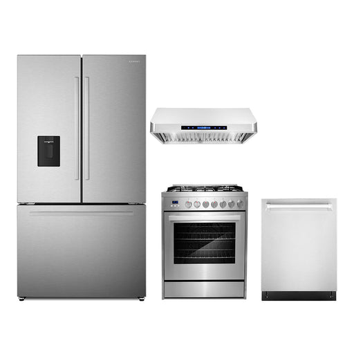 Cosmo 4-Piece Appliance Package - 30-Inch Gas Range, Under Cabinet Range Hood, Dishwasher and Refrigerator with Water Dispenser in Stainless Steel (COS-4PKG-729) Cosmo