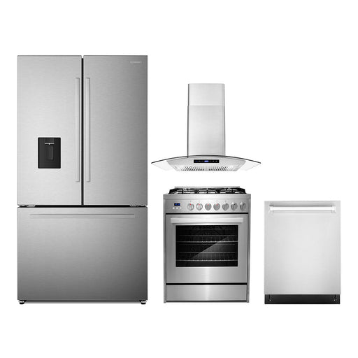 Cosmo 4-Piece Appliance Package - 30-Inch Single Oven Gas Range, Wall Mount Range Hood, Dishwasher and Refrigerator with Water Dispenser in Stainless Steel (COS-4PKG-733) Cosmo