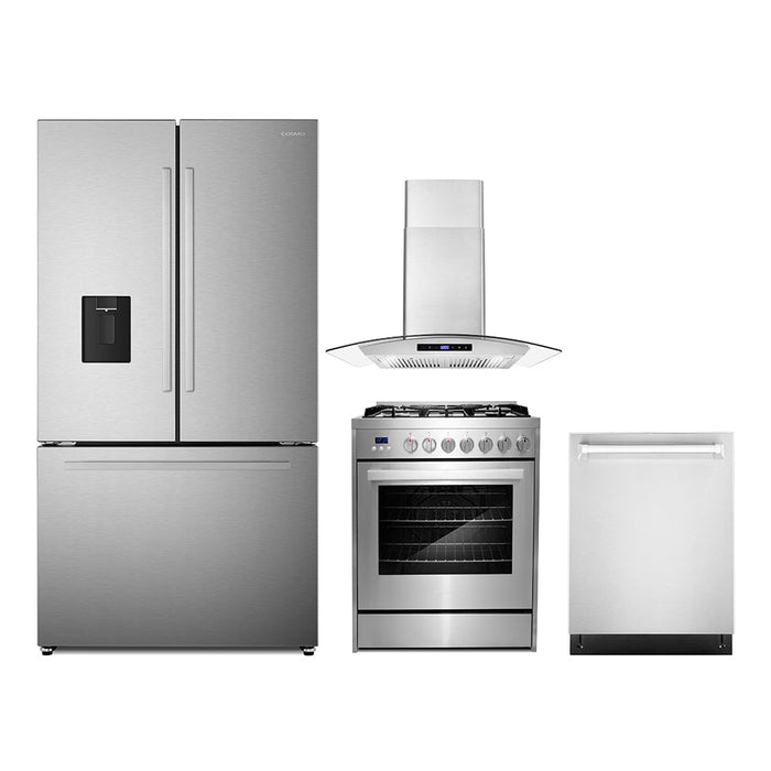 Cosmo 4-Piece Appliance Package - 30-Inch Single Oven Gas Range, Wall Mount Range Hood, Dishwasher and Refrigerator with Water Dispenser in Stainless Steel (COS-4PKG-733) Cosmo