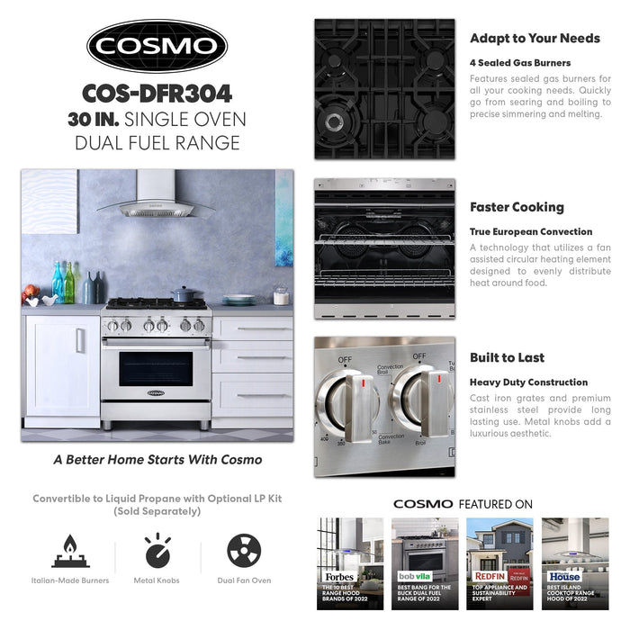Cosmo 4-Piece Appliance Package - 30-Inch Dual Fuel Range, Under Cabinet Range Hood, Dishwasher and Refrigerator in Stainless Steel (COS-4PKG-041) Cosmo