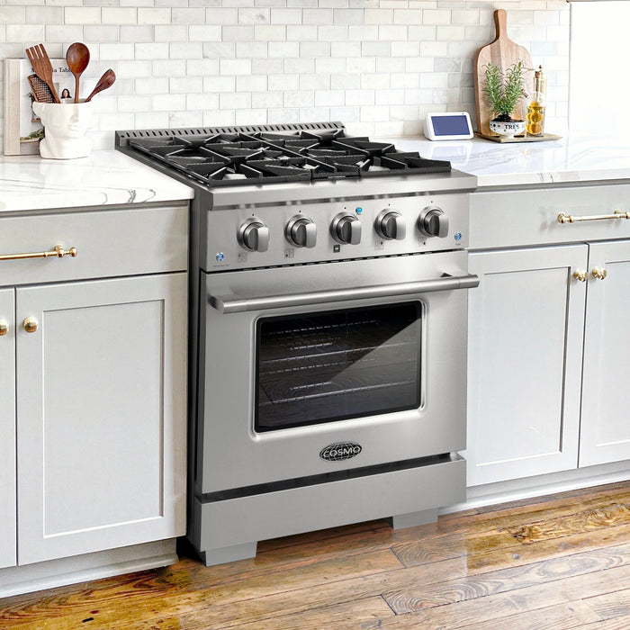 Cosmo 4-Piece Appliance Package - 30-Inch Gas Range, Wall Mount Range Hood, Dishwasher and Refrigerator in Stainless Steel (COS-4PKG-050) Cosmo