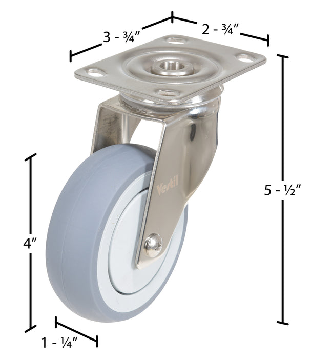 Vestil CST-E-SS-4X1TPR-S thermoplastic rubber swivel caster dimensions diagram